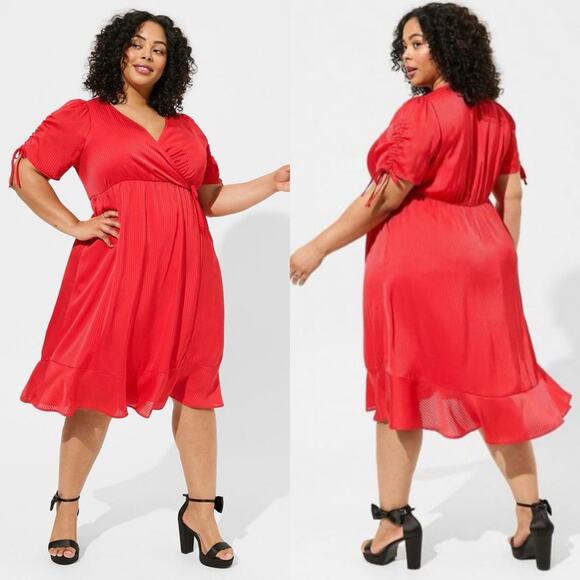 NWT Torrid Red Midi Dobby Satin Surplice Wrap Dress - Picture 1 of 7